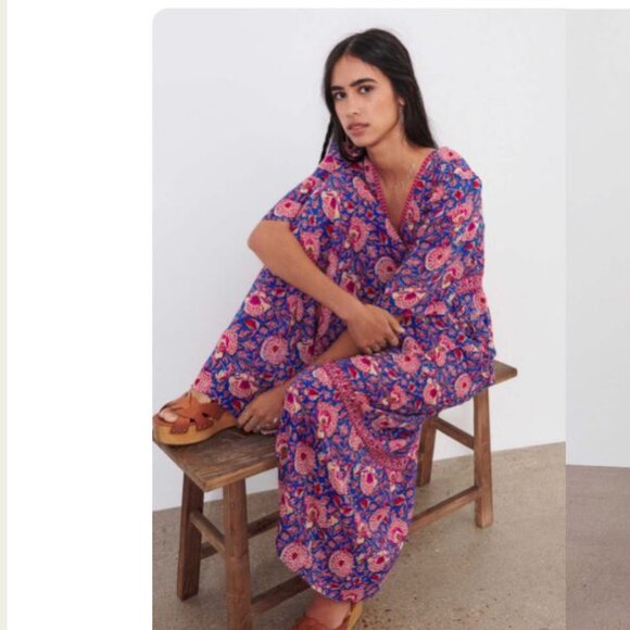 New Ba&sh  Robe Vally Floral Fuchsia Maxi Dress V-Neck  Long Sleeve Sz M/6 - Picture 1 of 10